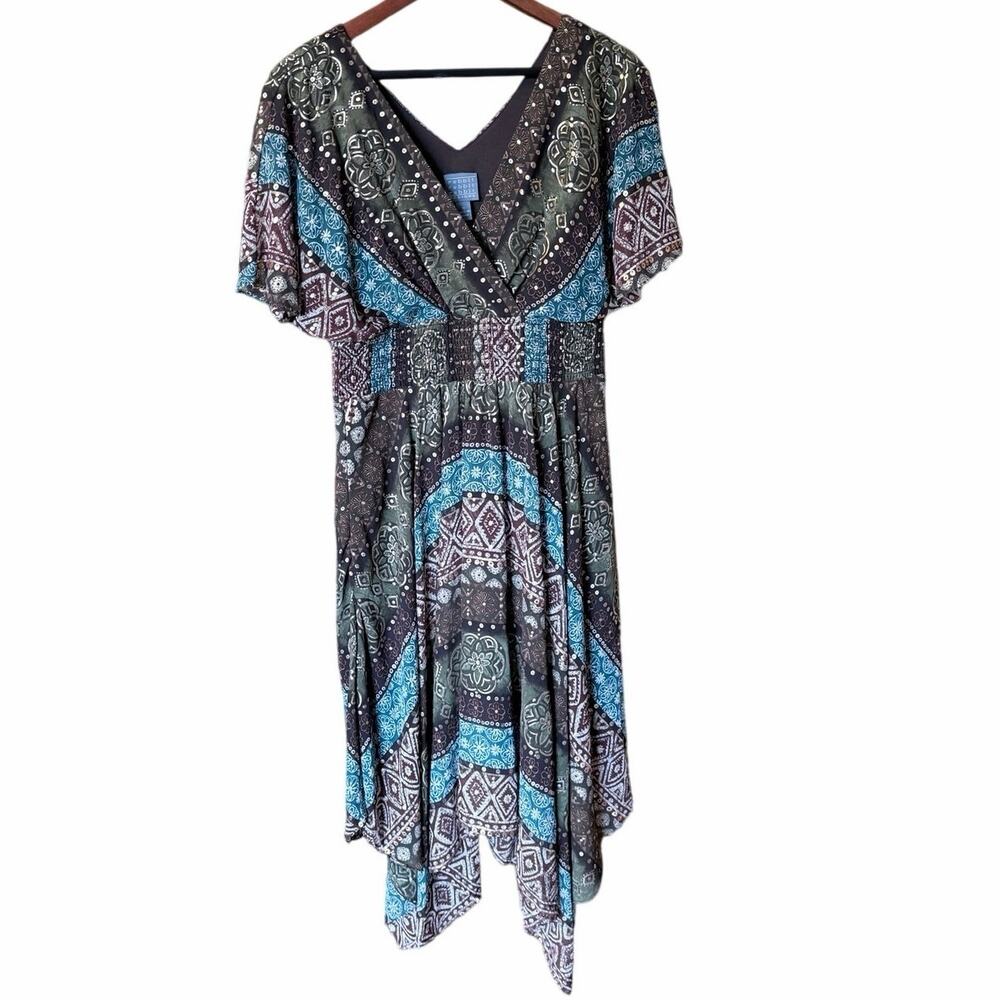 Rabbit rabbit rabbit chocolate brown midi handkerchief hem boho dress 12 teal